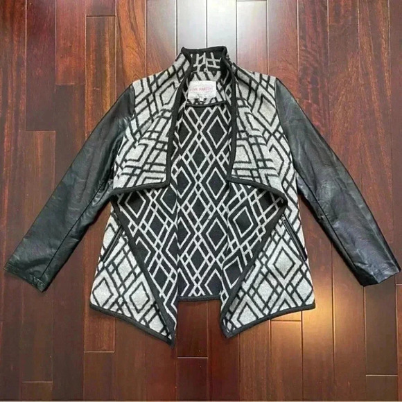 Pink  Martini Jacket Faux Leather Wool Open Front Draped Moto Black Grey Small - Picture 16 of 16